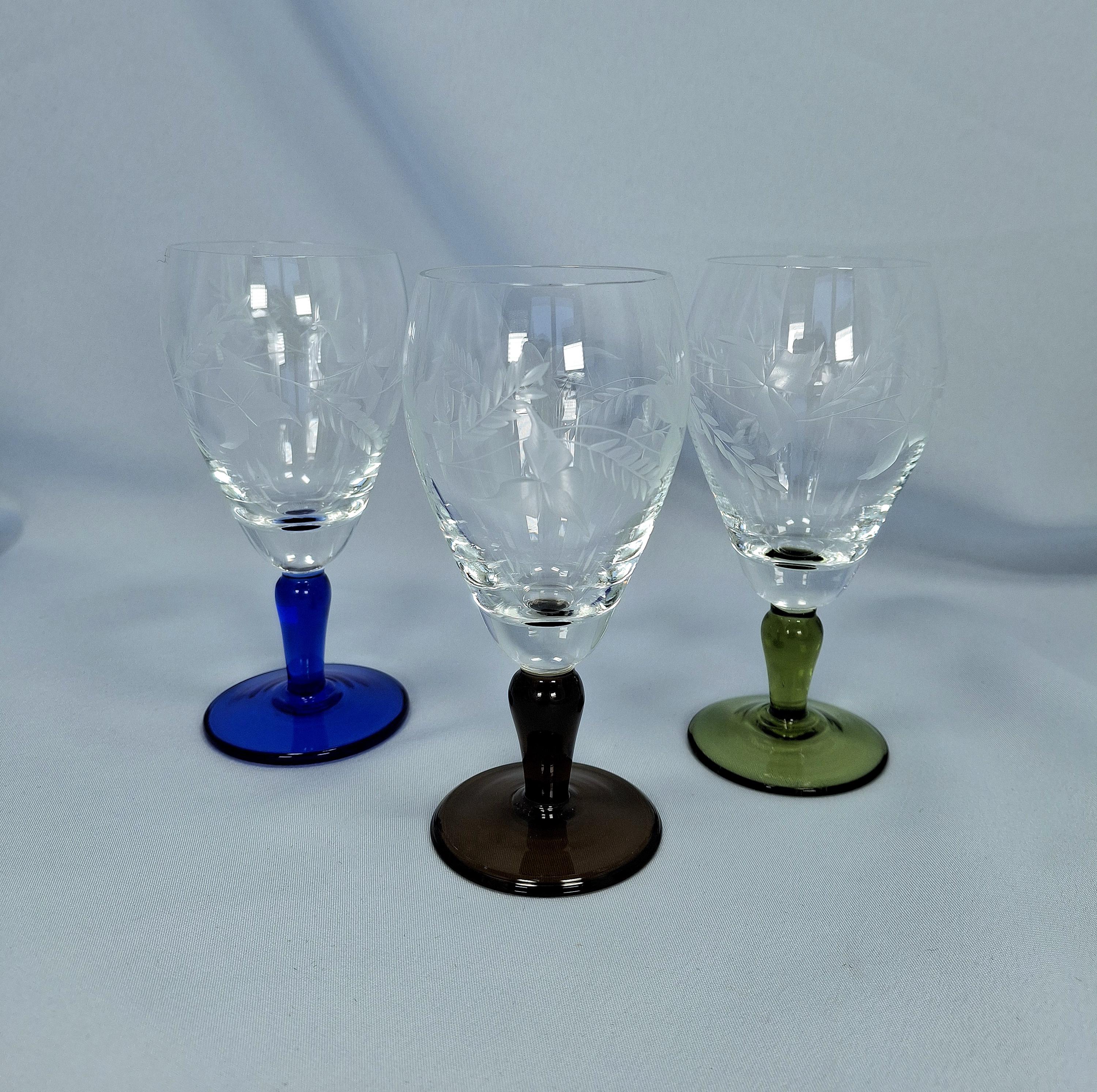 Vintage Etched Cordial Glass, Colored Stem Liqueur Glass, Roemer Style (Set of 3) — image 5