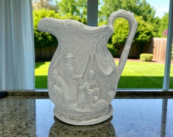 Zabytkowy biały dzban Portmeirion British Heritage Parian Collection z motywem Pielgrzymów i Czarownic.