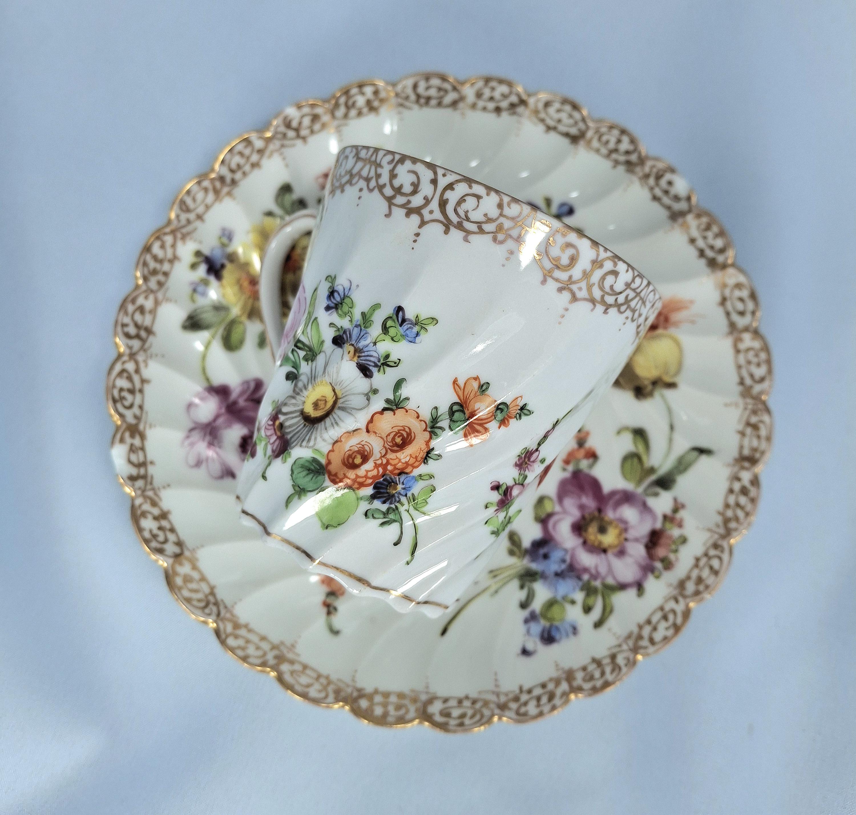 Antique Dresden Porcelain Cup and Saucer: Handpainted Floral Sprays — image 4