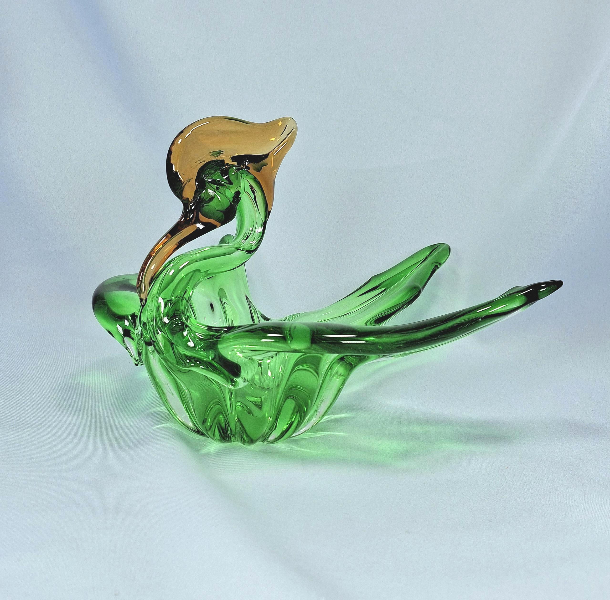 Vintage Art Glass Swan Bowl, Green Gold Murano Style Centerpiece