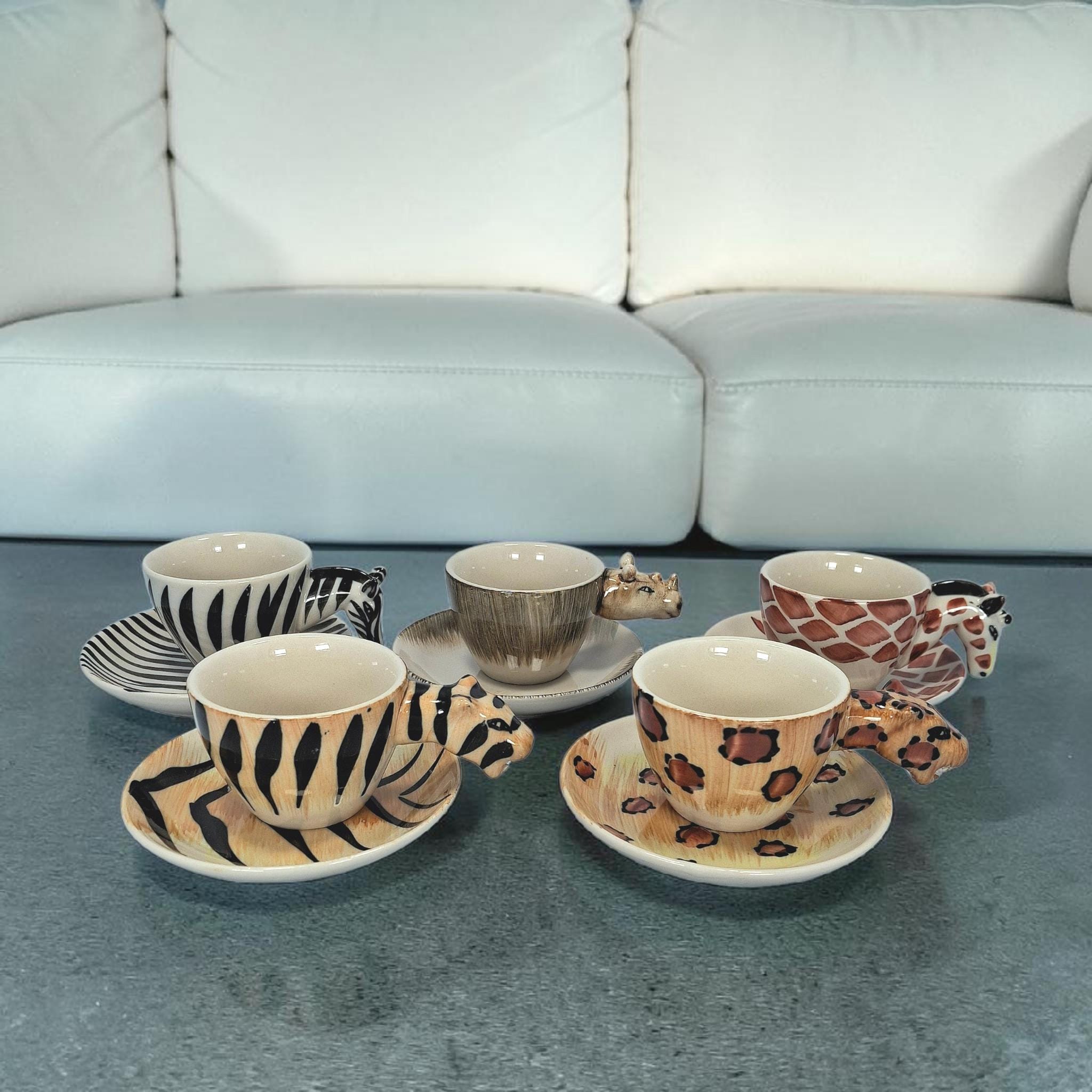 Vintage Expresso Coffee Cup and Saucer, Italy, Wildlife Safari- Zebra, Tiger, Rhino, Leopard, Giraffe
