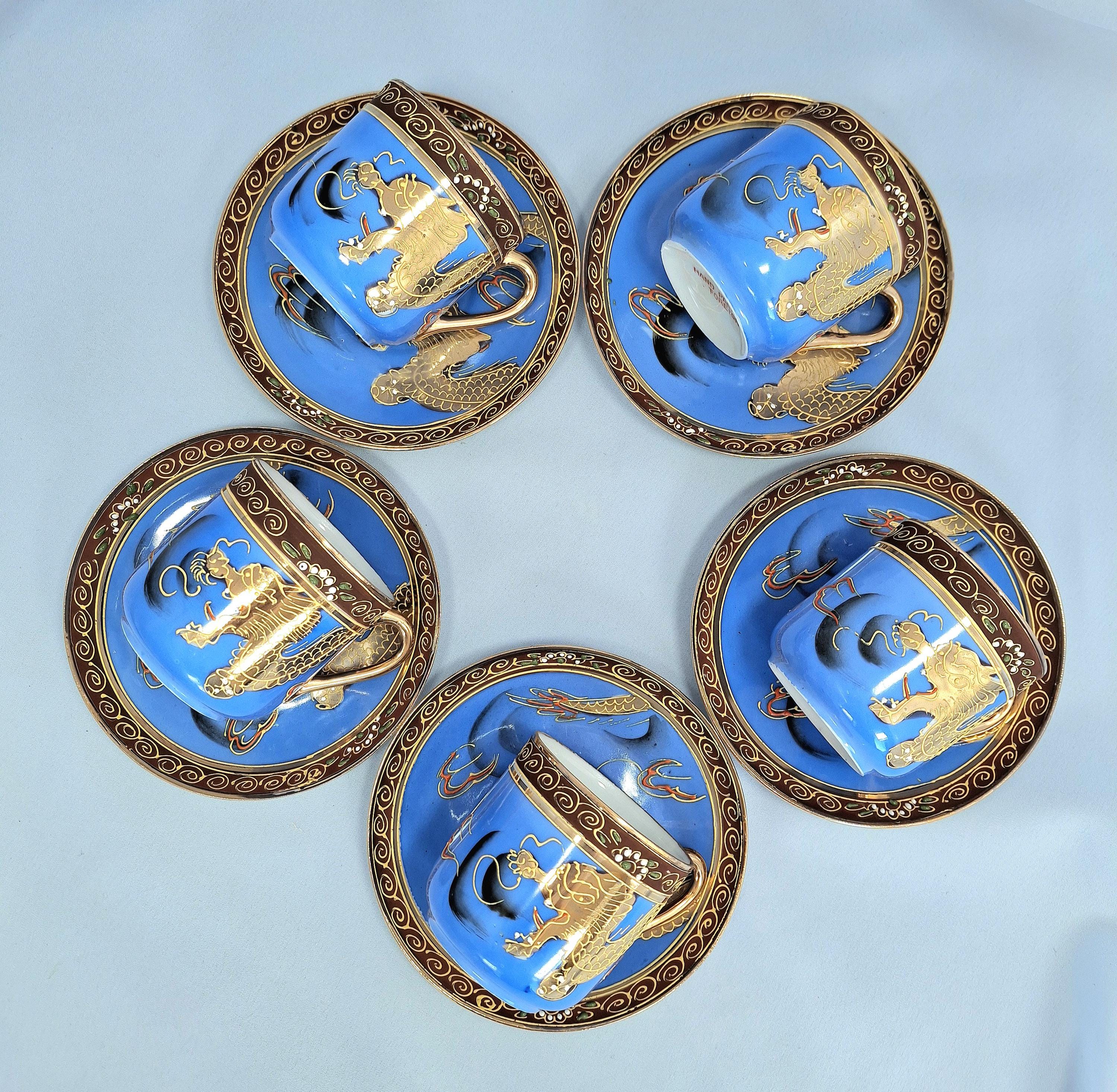 Antique Japanese Tea Coffee Set: Hand-Painted Coloured Enamel, Porcelain, Golden Dragon — image 4