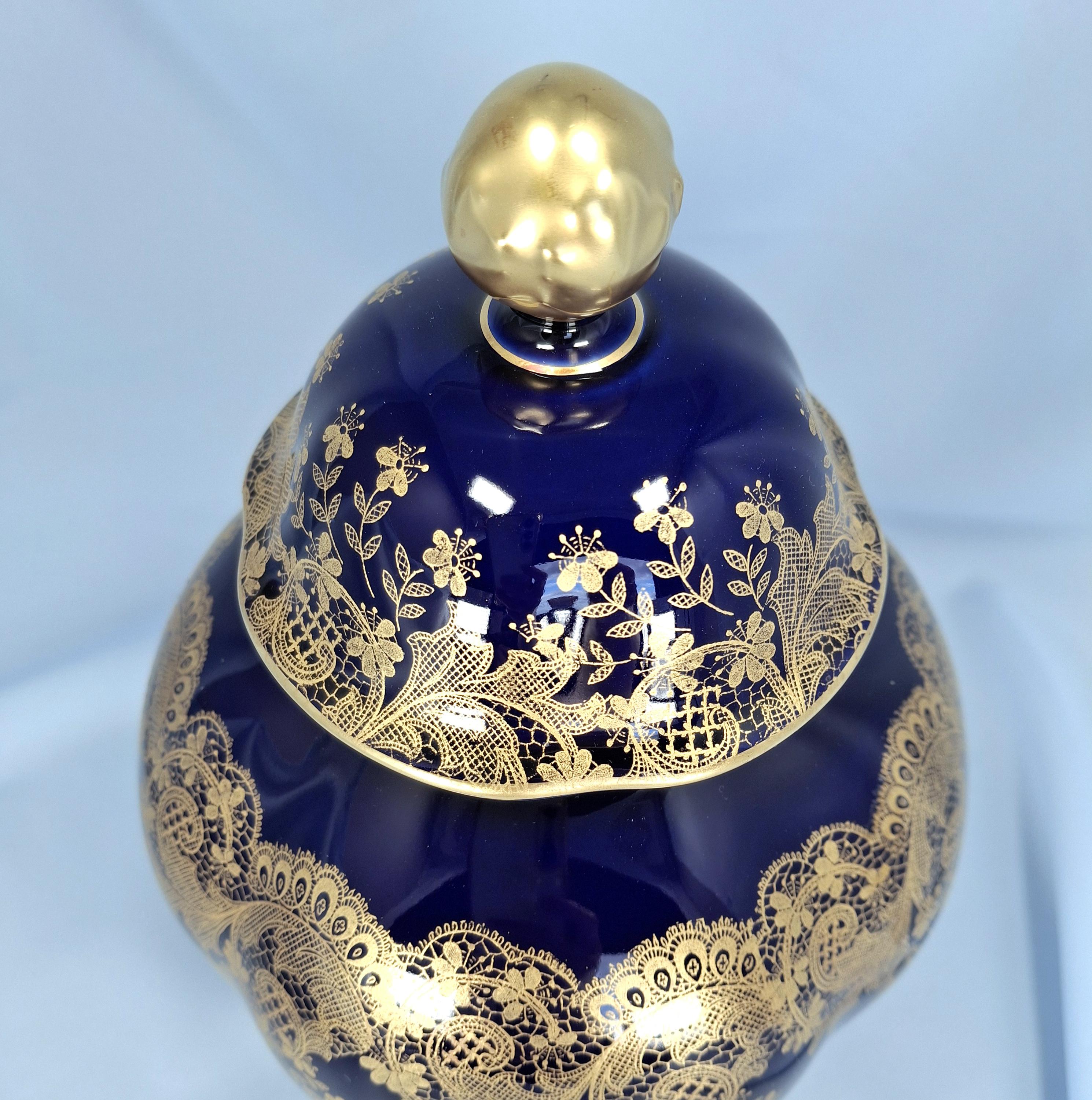 Vintage Lindner Kueps Bavaria Cobalt Blue Gold Porcelain Vase, Jeanette Decor Ginger Jar — image 2