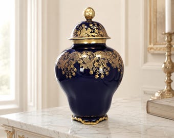 Vintage Lindner Kueps Bavaria Kobalt Blau Gold Porzellan Vase, Jeanette Decor Ginger Jar