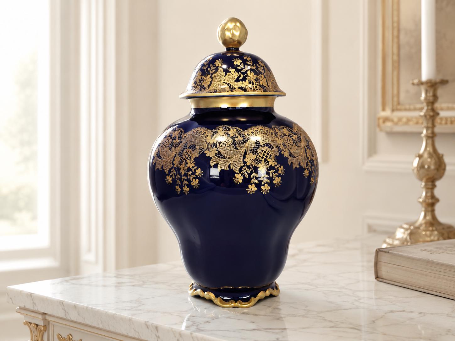 Vintage Lindner Kueps Bavaria Cobalt Blue Gold Porcelain Vase, Jeanette Decor Ginger Jar