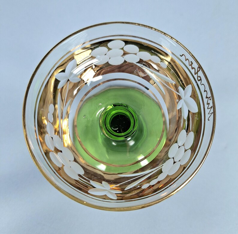 Vintage E & A Böckling Dessert Glasses Set of 2 Green Stem Gold Lustre Floral Coupe Cups image 6