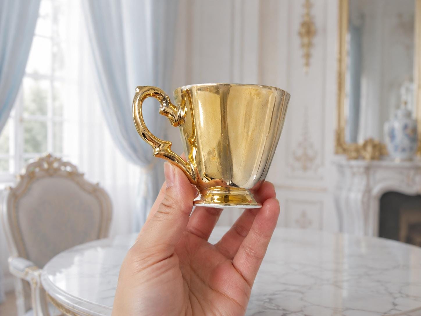 Seltmann Weiden Fragonard Gold Coffee Tea Set for 4, Vintage German Porcelain Demitasse Cups, Teapot, Sugar Bowl, Creamer — image 8
