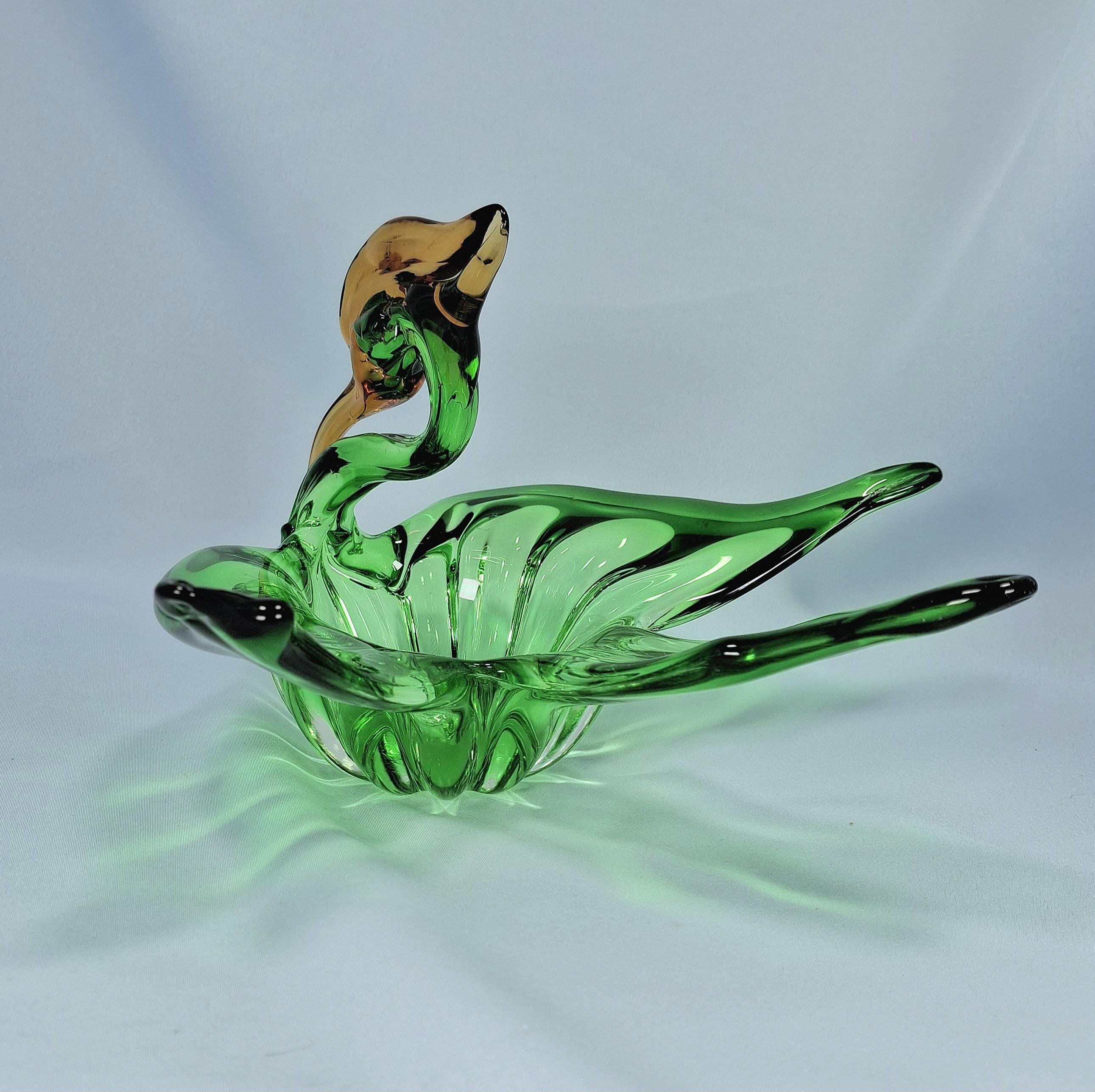 Vintage Art Glass Swan Bowl, Green Gold Murano Style Centerpiece — image 4