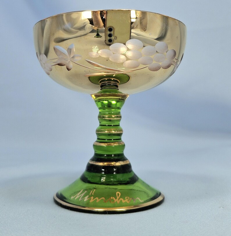 Vintage E & A Böckling Dessert Glasses Set of 2 Green Stem Gold Lustre Floral Coupe Cups image 3