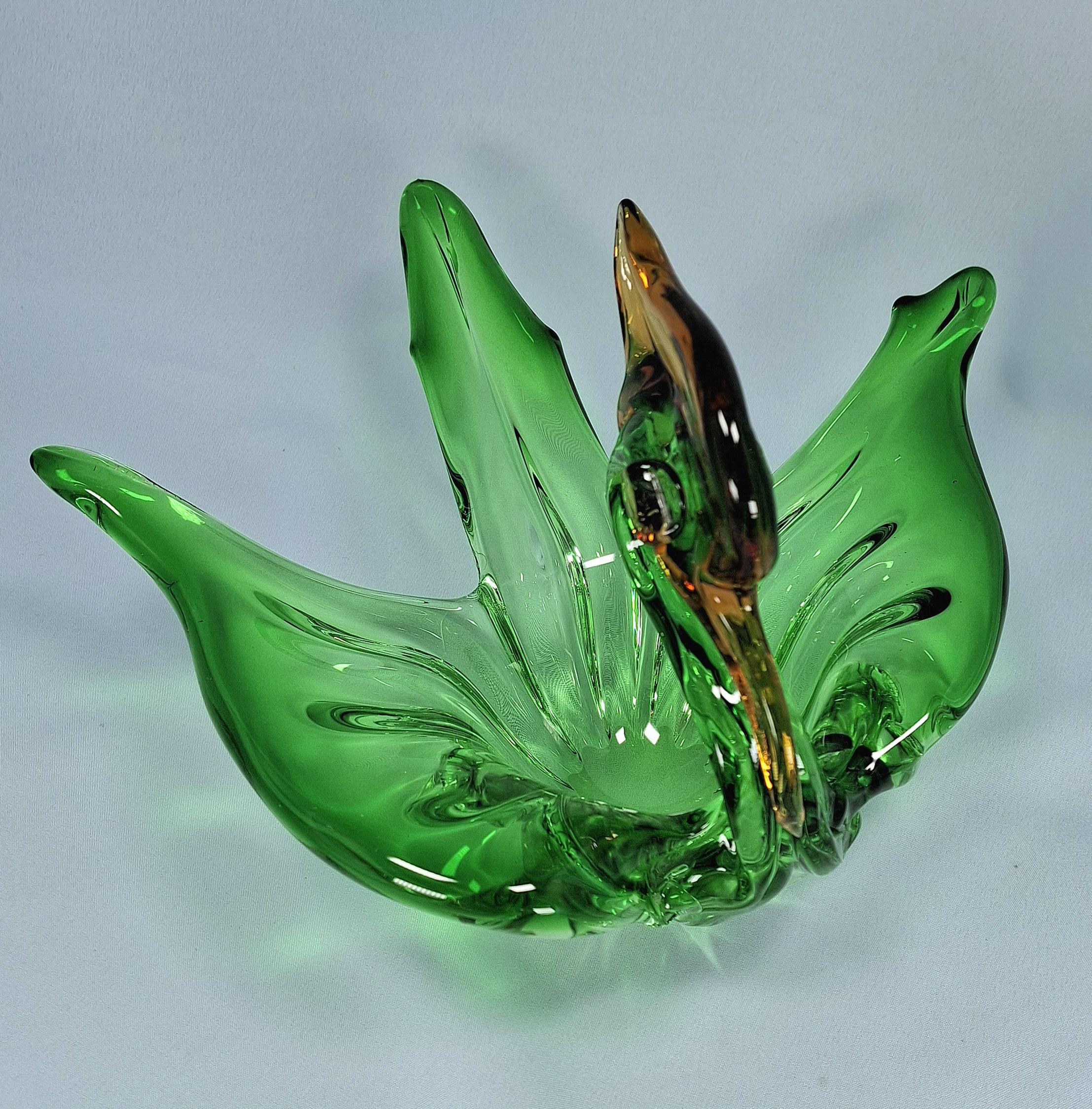 Vintage Art Glass Swan Bowl, Green Gold Murano Style Centerpiece — image 9
