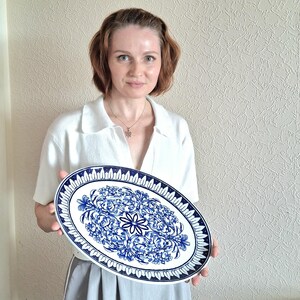 Antique Flow Blue Transferware Platter: Brown Westhead Moore &#39;Teutonic&#39; Pattern