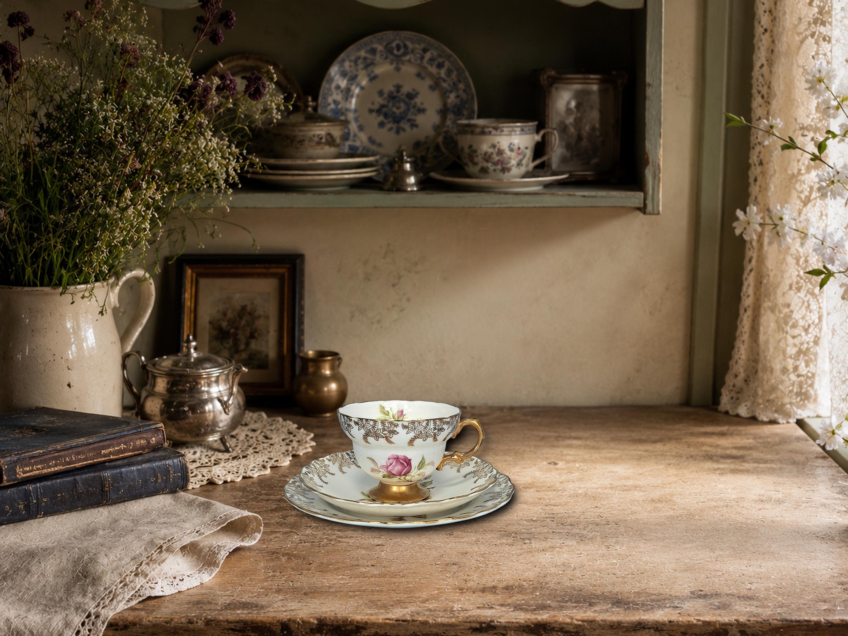 Vintage Rosina Bone China Tea Set, 7 Trios & Milk Jug, Pink Rose Gold Trim, England — image 3