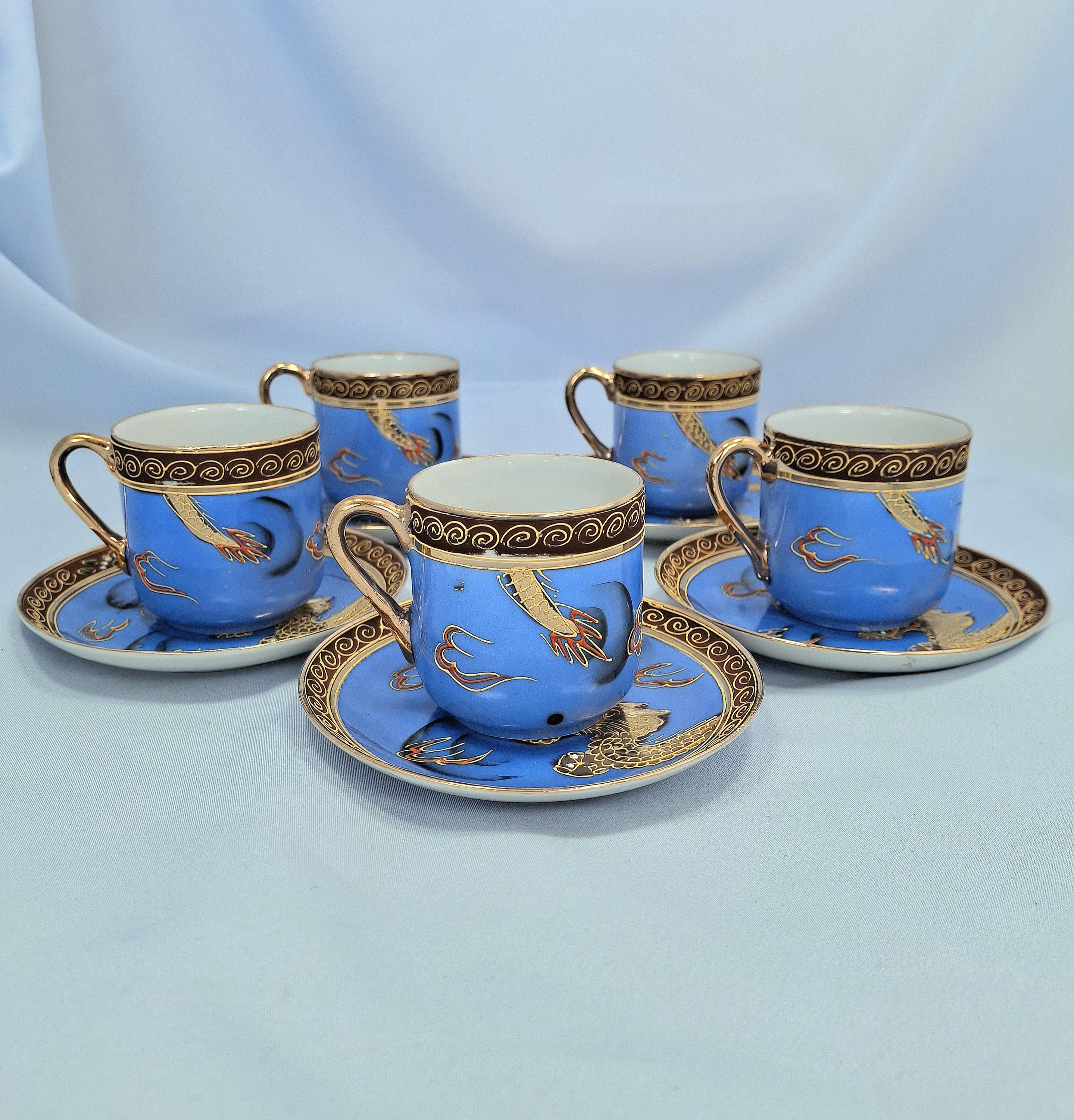 Antique Japanese Tea Coffee Set: Hand-Painted Coloured Enamel, Porcelain, Golden Dragon — image 3