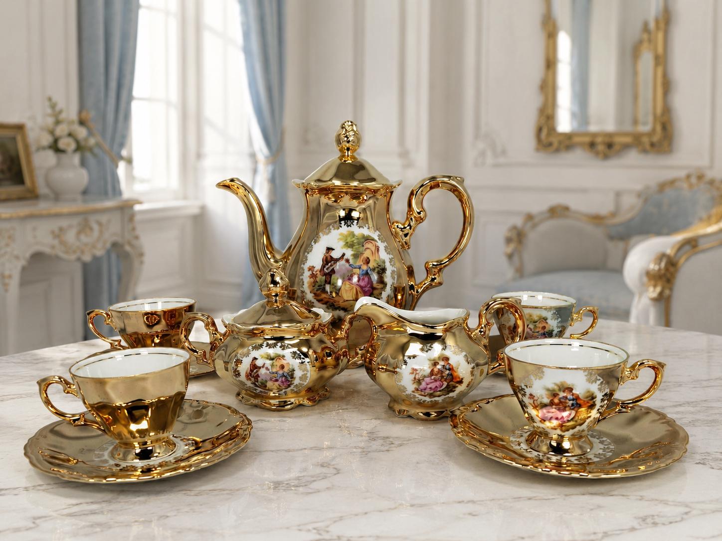 Seltmann Weiden Fragonard Gold Coffee Tea Set for 4, Vintage German Porcelain Demitasse Cups, Teapot, Sugar Bowl, Creamer