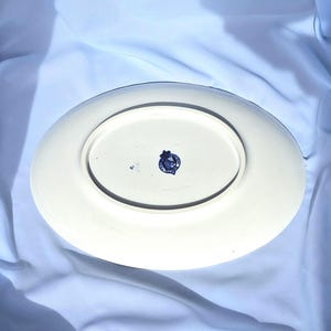 May include: The underside of a white oval serving platter with a blue and white crest in the center. The crest features a crown and a lion.