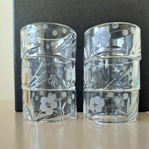 May include: Two stacks of three clear glass napkin rings, totalling six pieces. Each ring features a frosted etched design of five-petalled flowers, leaves, and small circular dots. The glass is transparent with a smooth, polished finish.