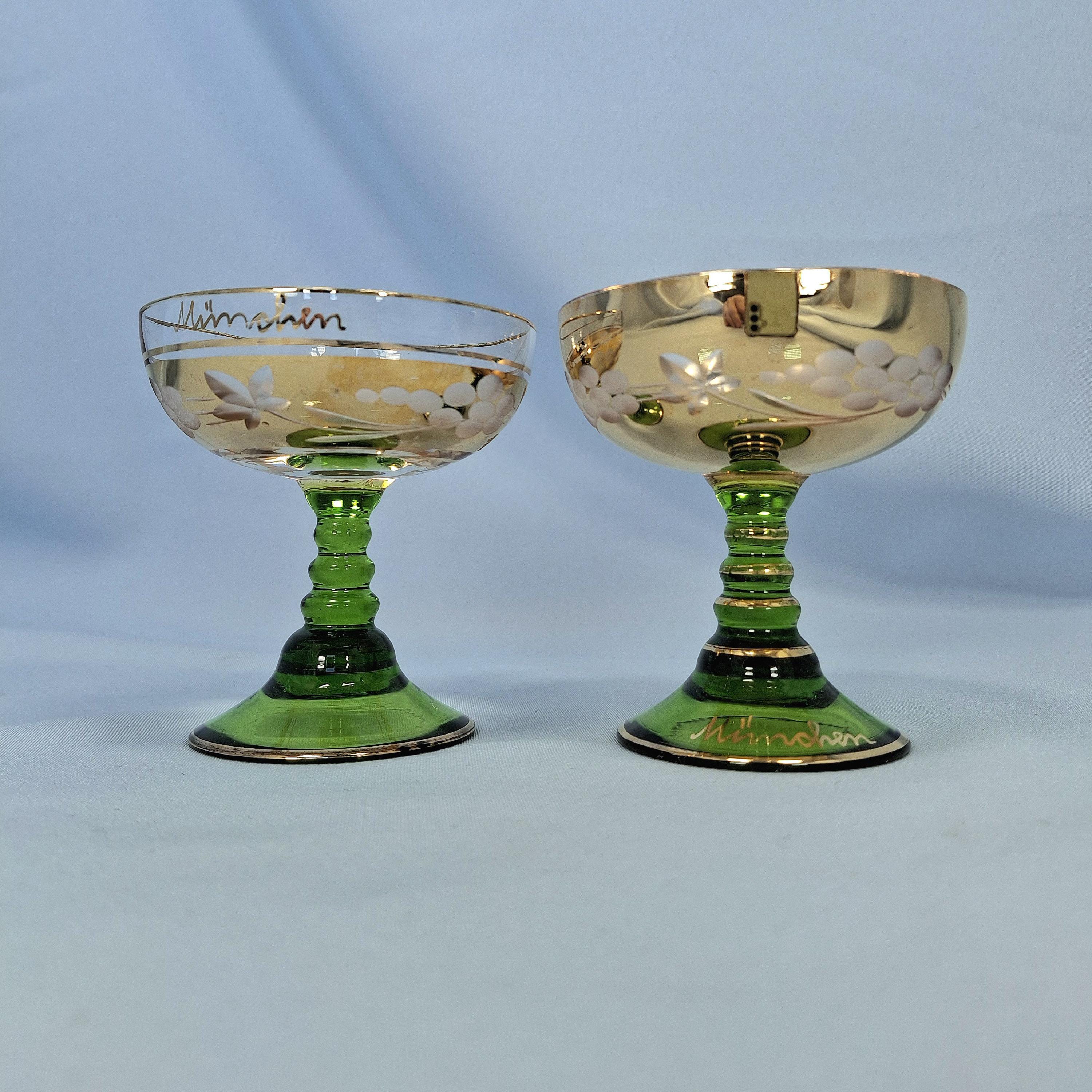 Vintage E & A Böckling Dessert Glasses Set of 2 Green Stem Gold Lustre Floral Coupe Cups — image 7