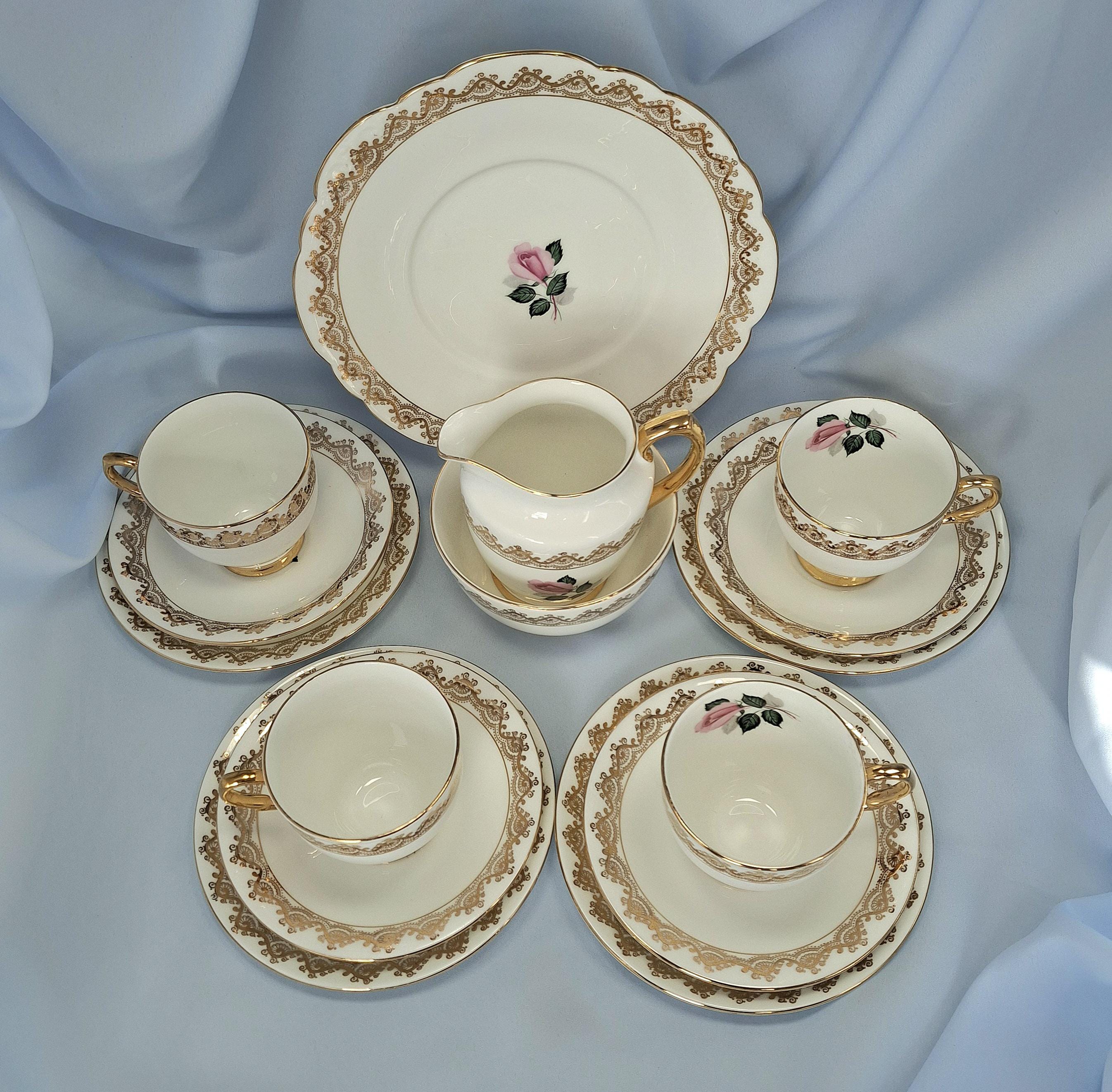 Vintage Taylor & Kent England Tea Set, Pink Rose Bone China, 15-Piece Cottagecore Floral — image 10