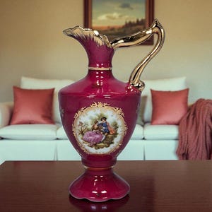 Limoges France Porcelain Courting Couple Burgundy Red Gold Pitcher, Vintage Jag Vase