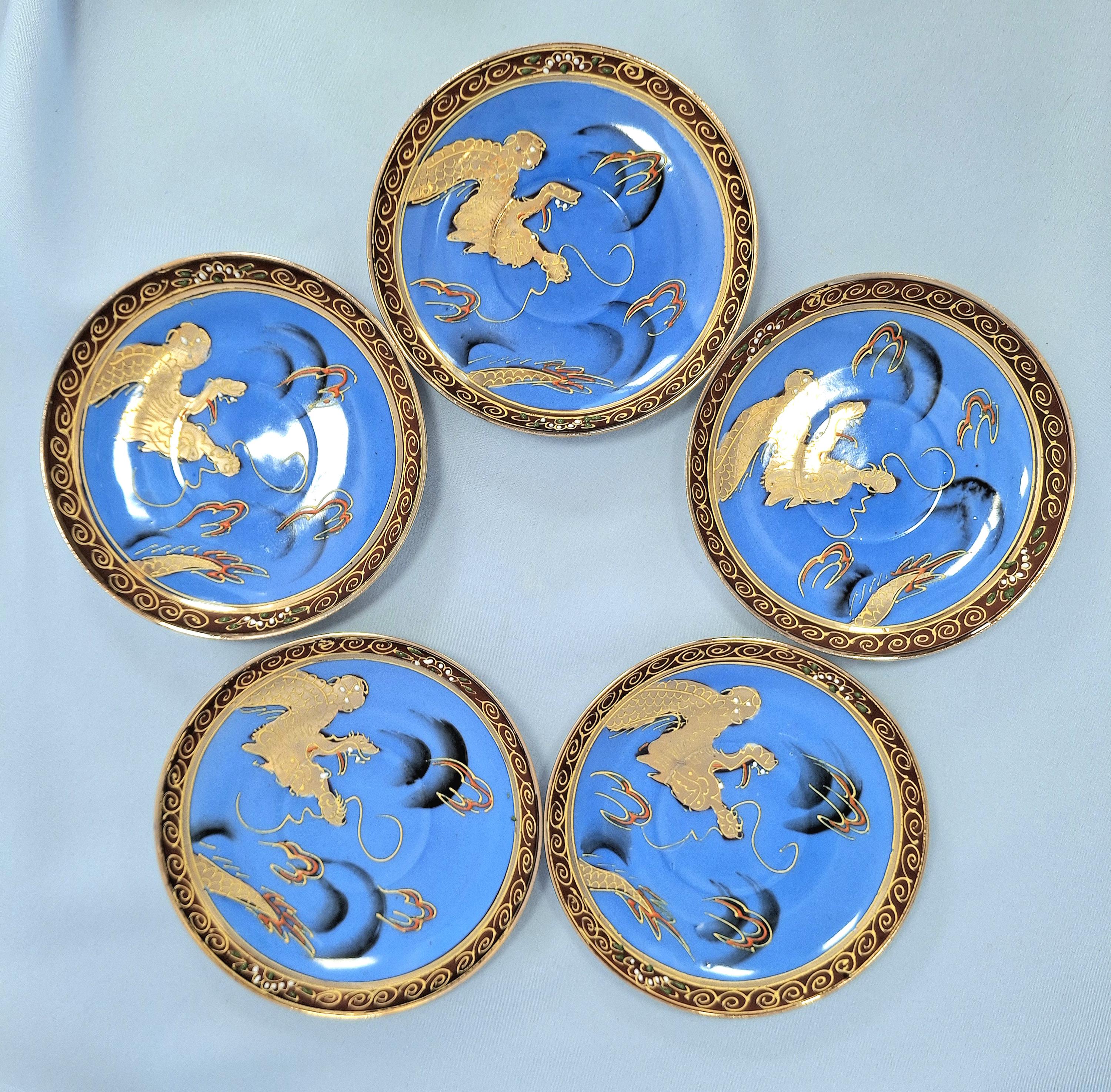 Antique Japanese Tea Coffee Set: Hand-Painted Coloured Enamel, Porcelain, Golden Dragon — image 6