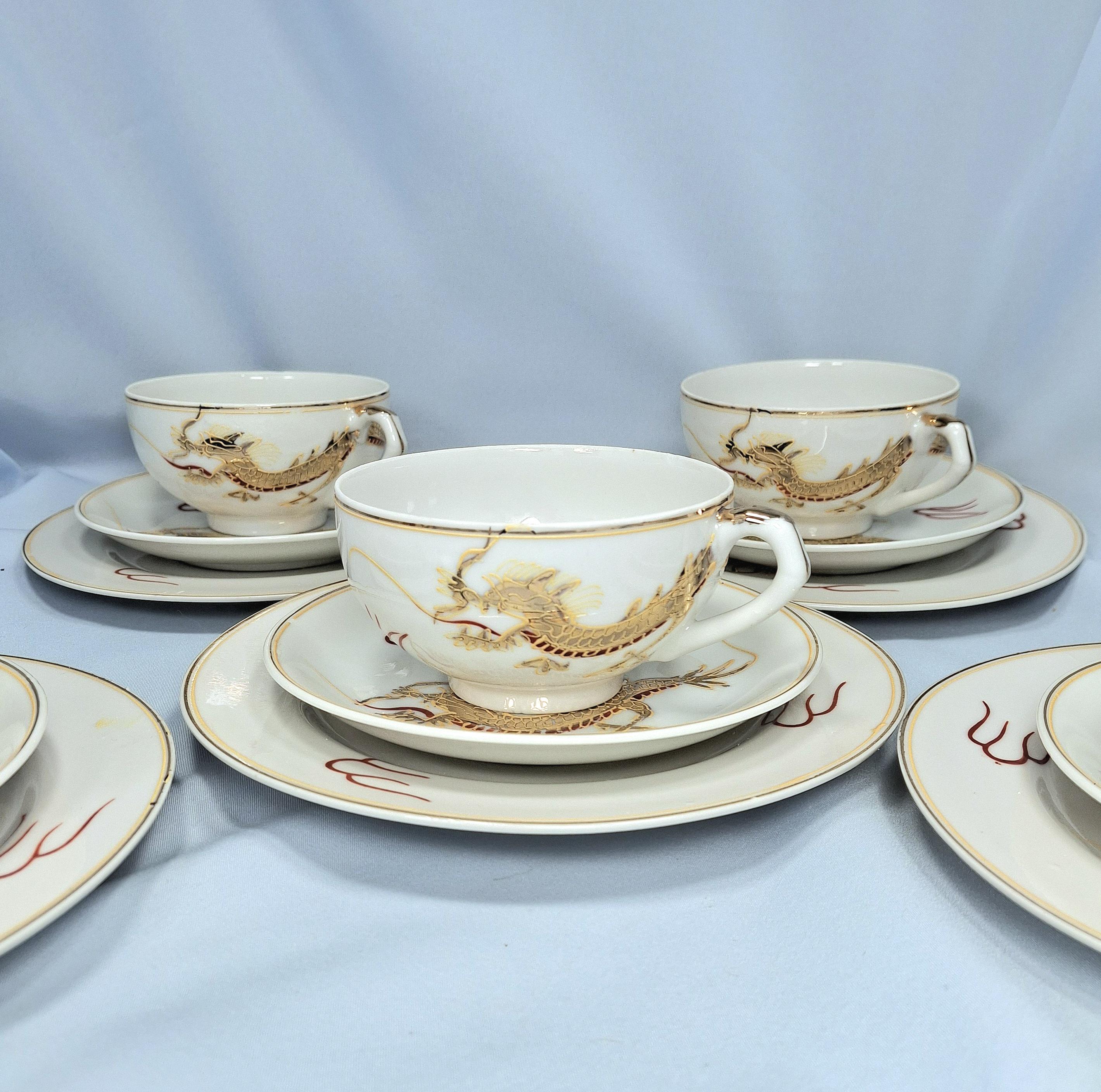 Vintage Japanese Dragon Ware Tea Set, Lithophane Geisha Cups, Kutani Moriage Porcelain, 1930s — image 3