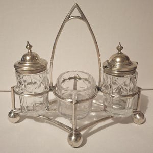 Antique Ashberry Silver Plated Cruet Set: Salt, Pepper & Mustard, 1920s