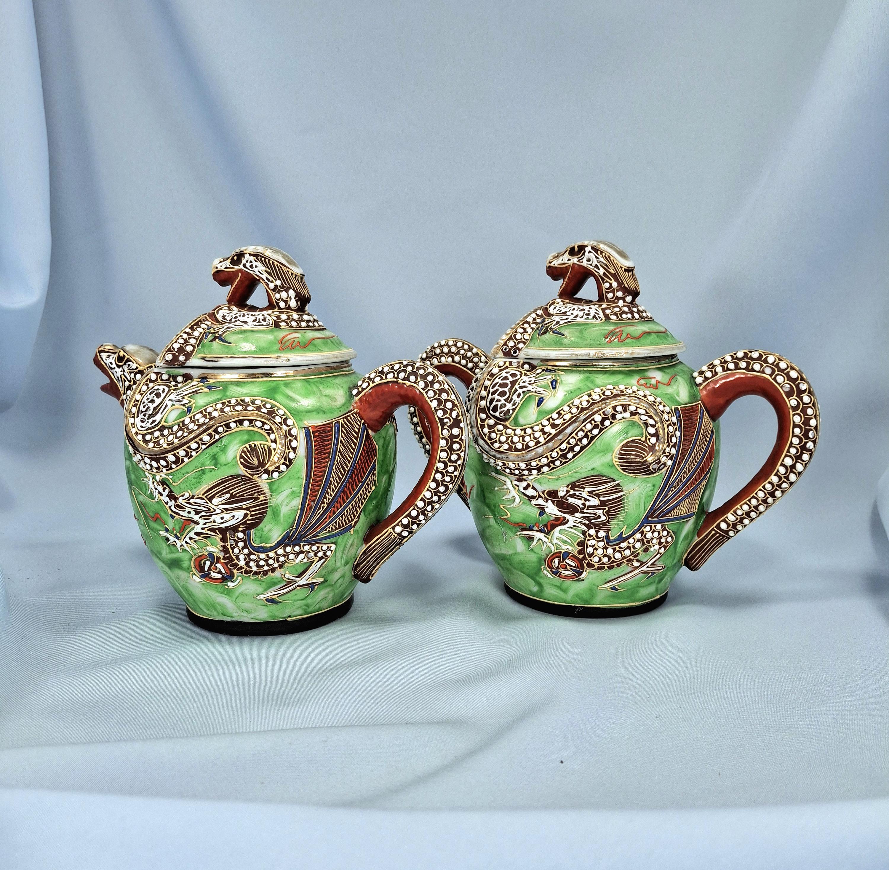 Vintage Japanese Dragonware Kutani Moriage Hand Painted Tea Set: Teapot and Sugar Bowl — image 8