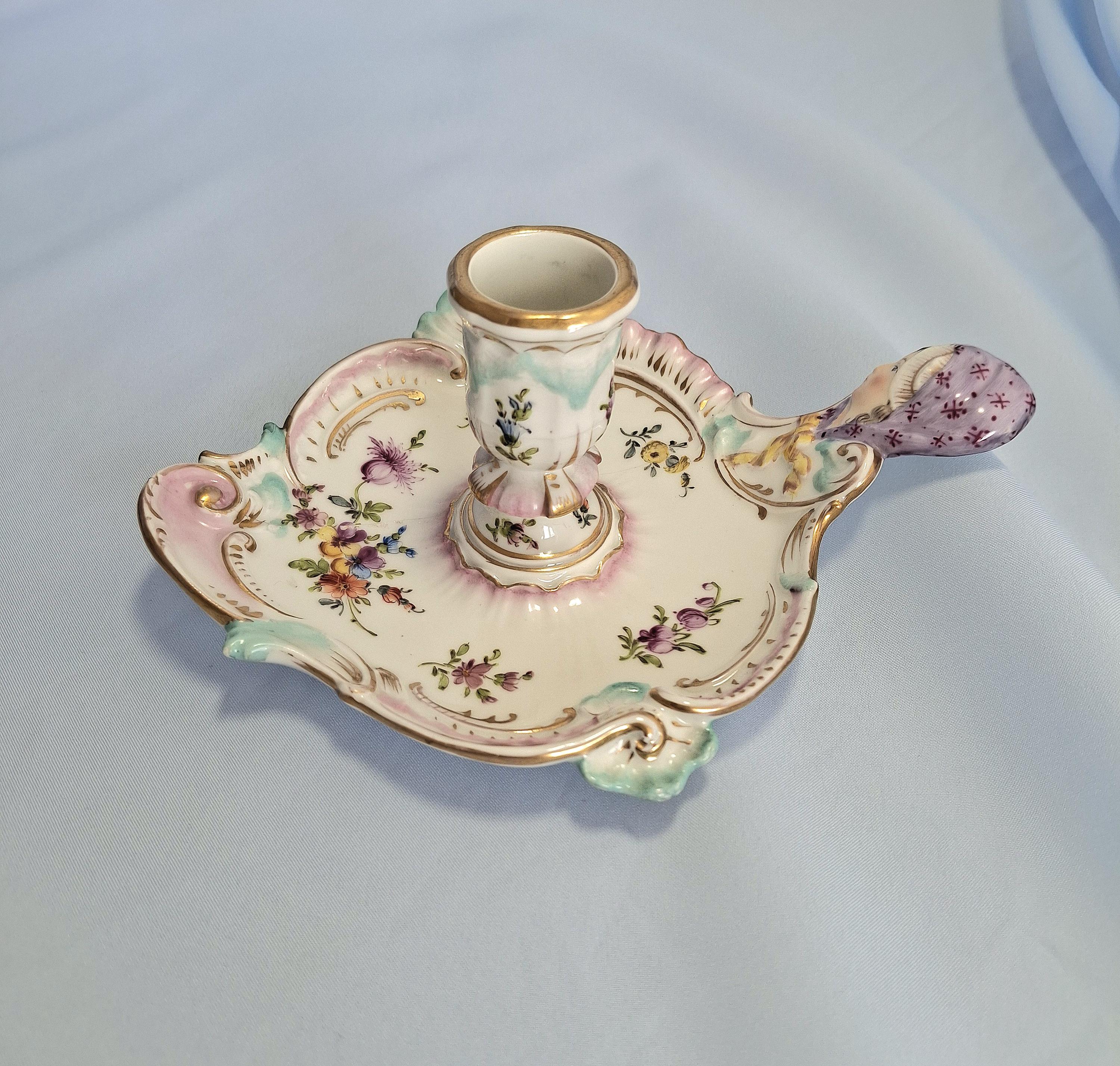 KPM Berlin Porcelain Chambersticks: Floral Weichmalerei, Figural Lady Handle — image 2