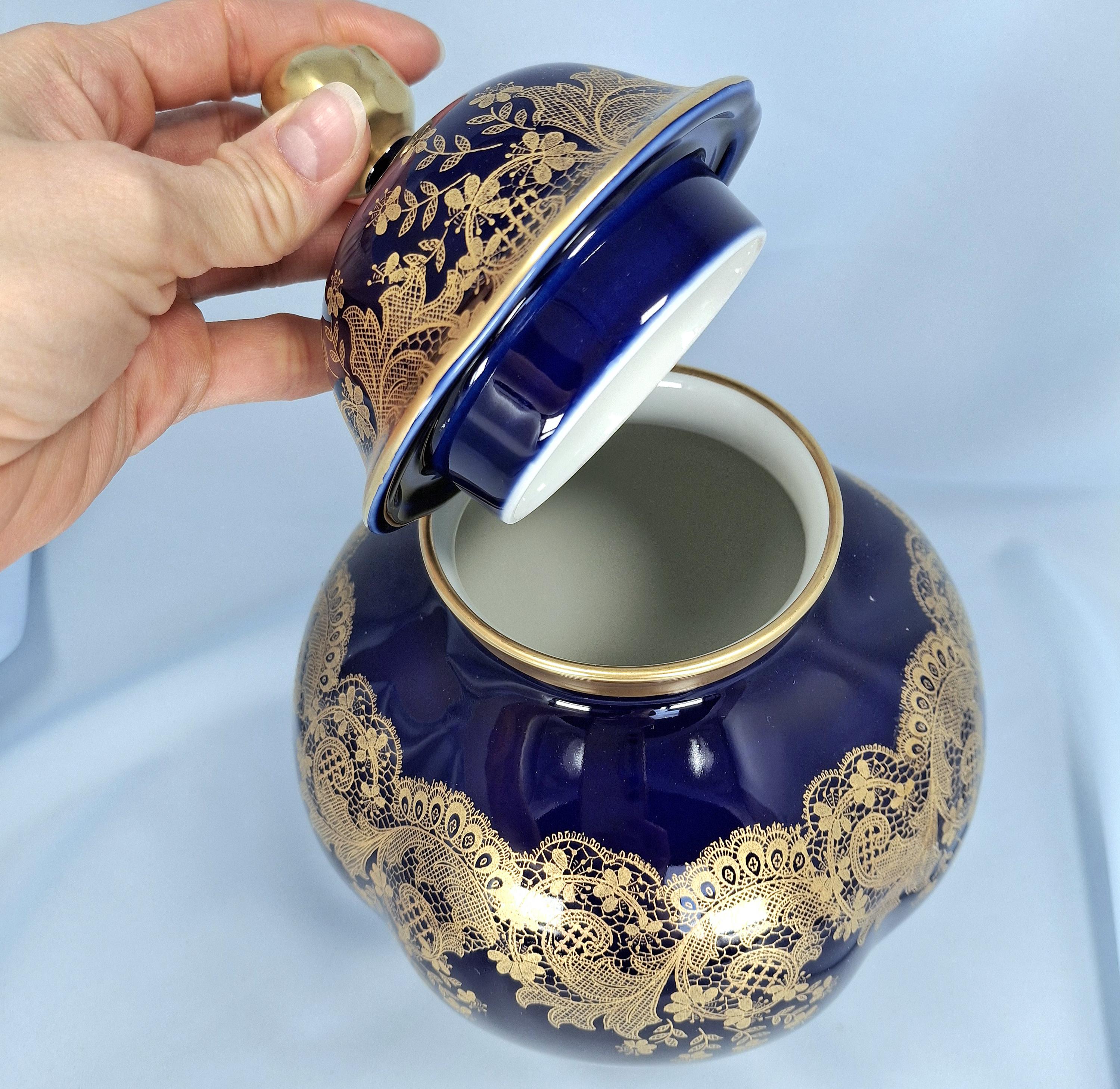 Vintage Lindner Kueps Bavaria Cobalt Blue Gold Porcelain Vase, Jeanette Decor Ginger Jar — image 4