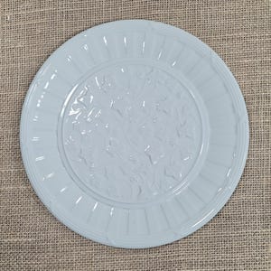 K&ouml;nnte beinhalten: Hellblaue Keramikplatte mit detailliertem Blumen- und Bl&auml;ttermuster in der Mitte. Der Teller hat einen gerippten Rand und eine glatte, gl&auml;nzende Oberfl&auml;che. Der runde Teller hat einen Durchmesser von etwa 25 cm.