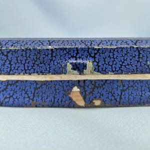 May include: Close-up of a vintage blue box with a textured, cracked surface. The box has a dark blue color with black accents, and the edges show signs of wear and tear. The box is likely made of cardboard or a similar material.
