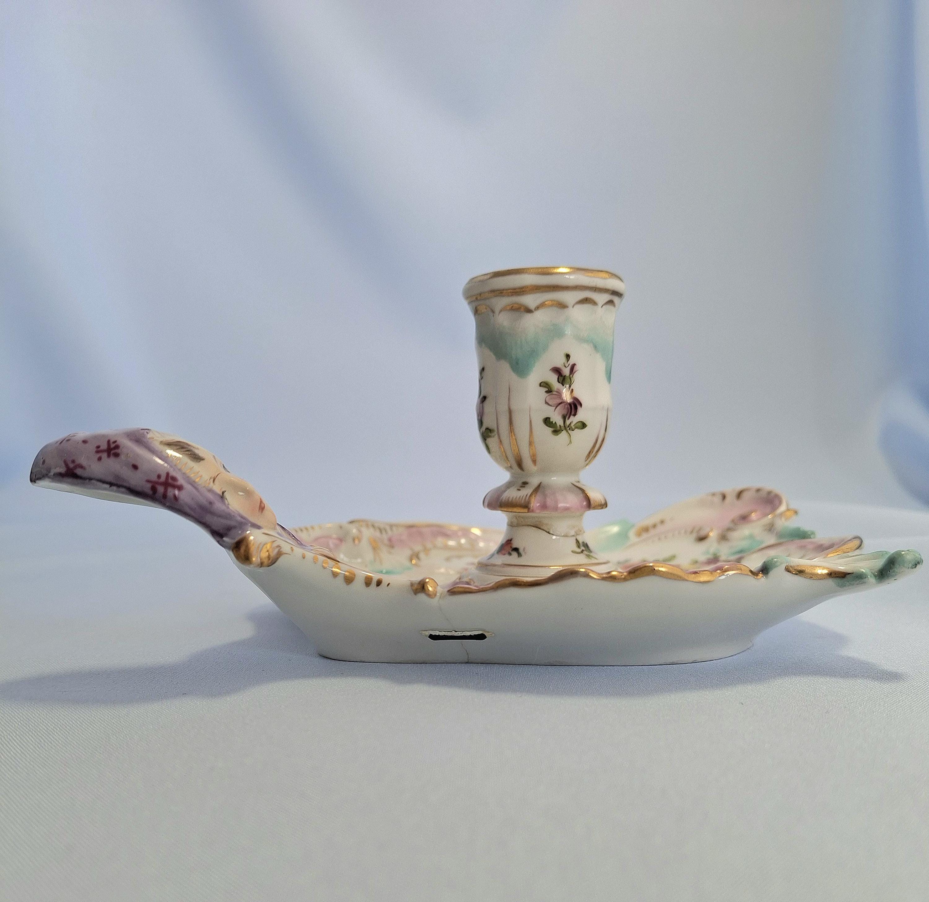 KPM Berlin Porcelain Chambersticks: Floral Weichmalerei, Figural Lady Handle — image 3