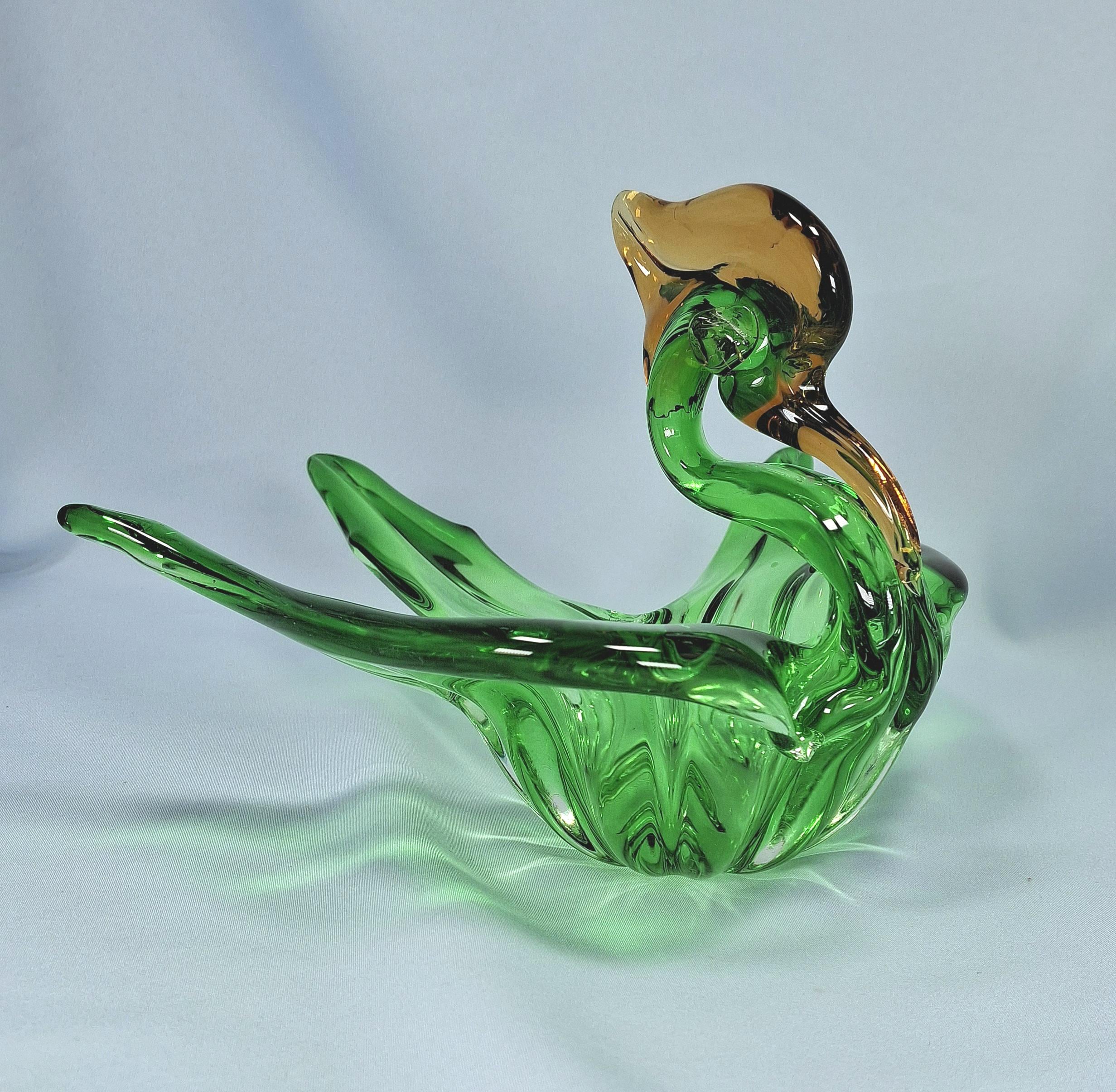 Vintage Art Glass Swan Bowl, Green Gold Murano Style Centerpiece — image 2