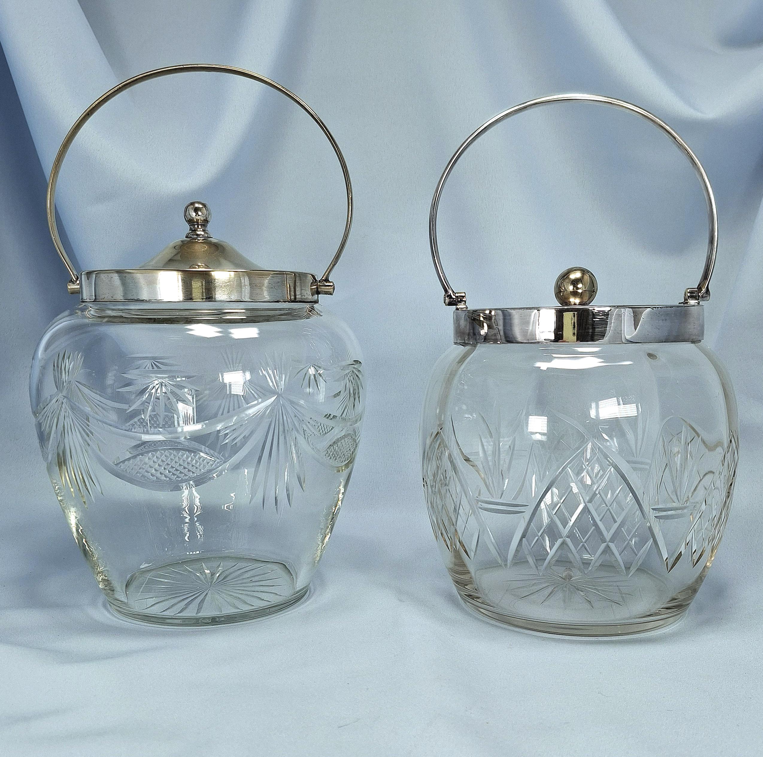 アンティークカットガラスビスケットバレル：銀メッキ蓋、英国製