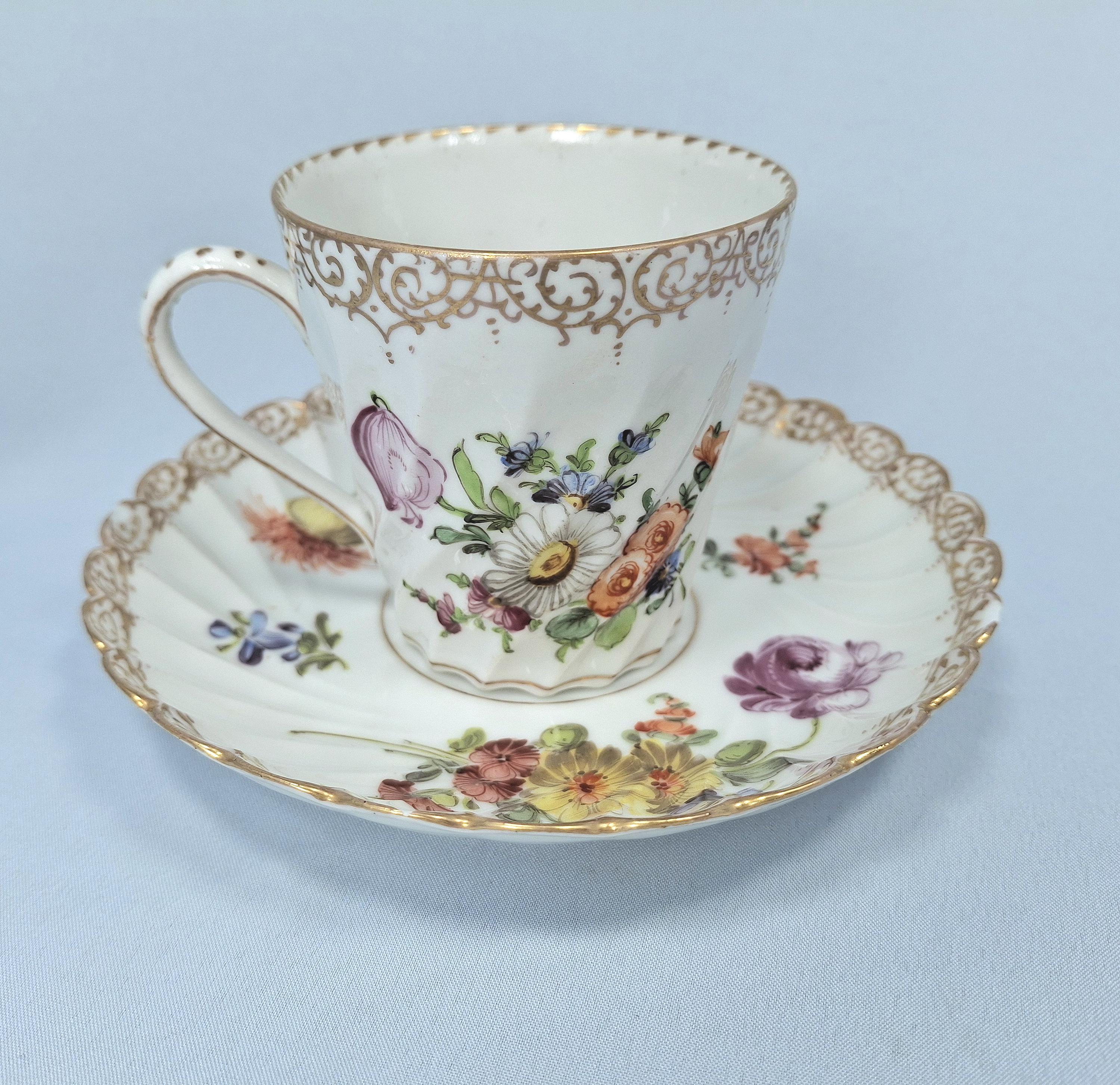 Antique Dresden Porcelain Cup and Saucer: Handpainted Floral Sprays — image 2