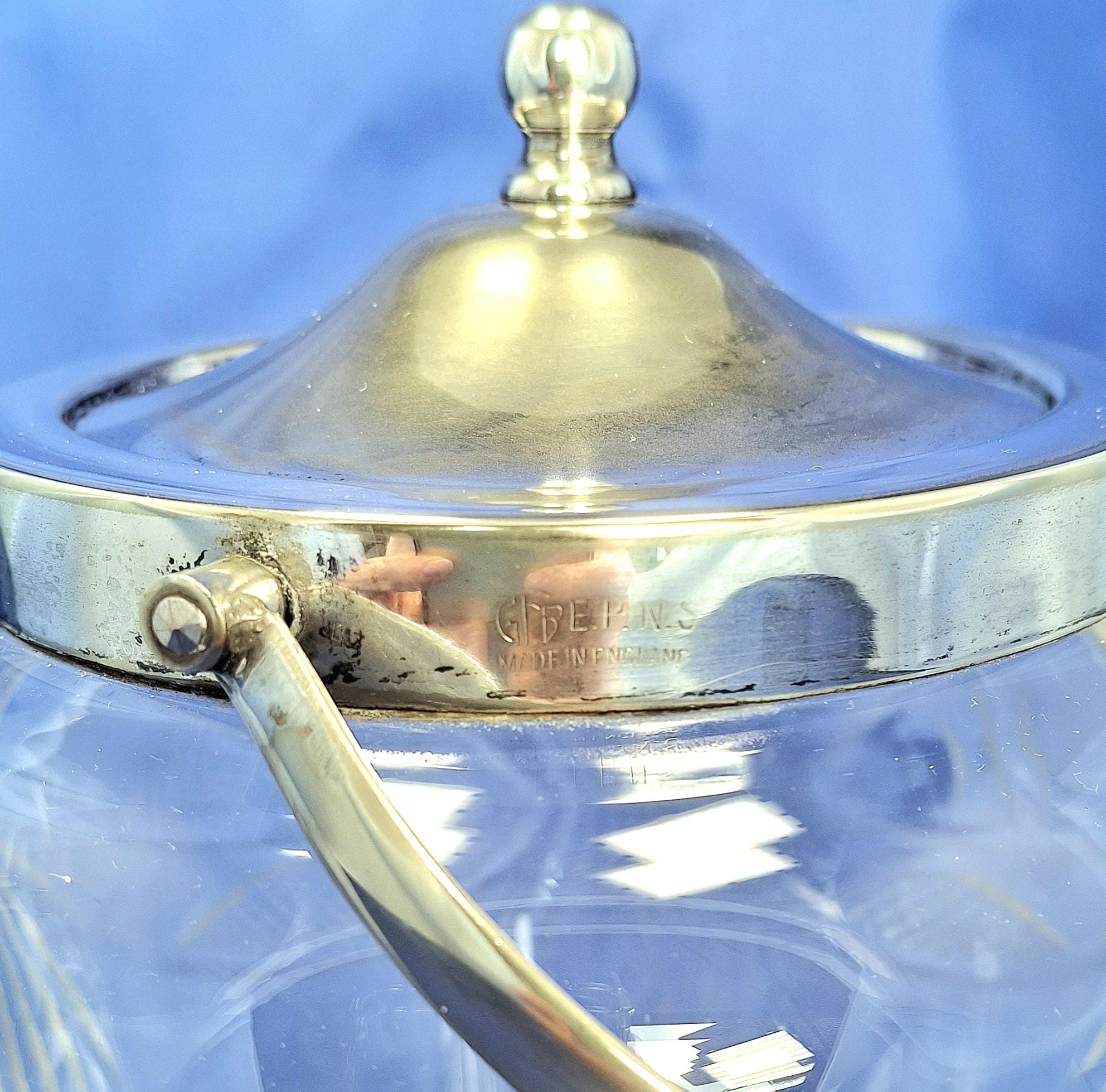 アンティークカットガラスビスケットバレル：銀メッキ蓋、英国製