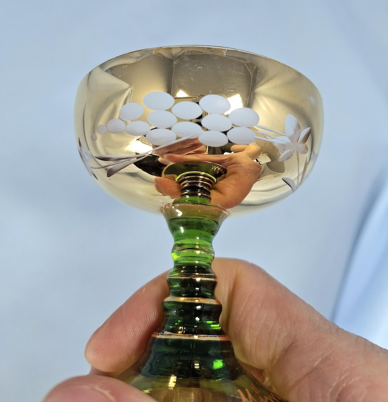 Vintage E & A Böckling Dessert Glasses Set of 2 Green Stem Gold Lustre Floral Coupe Cups image 2