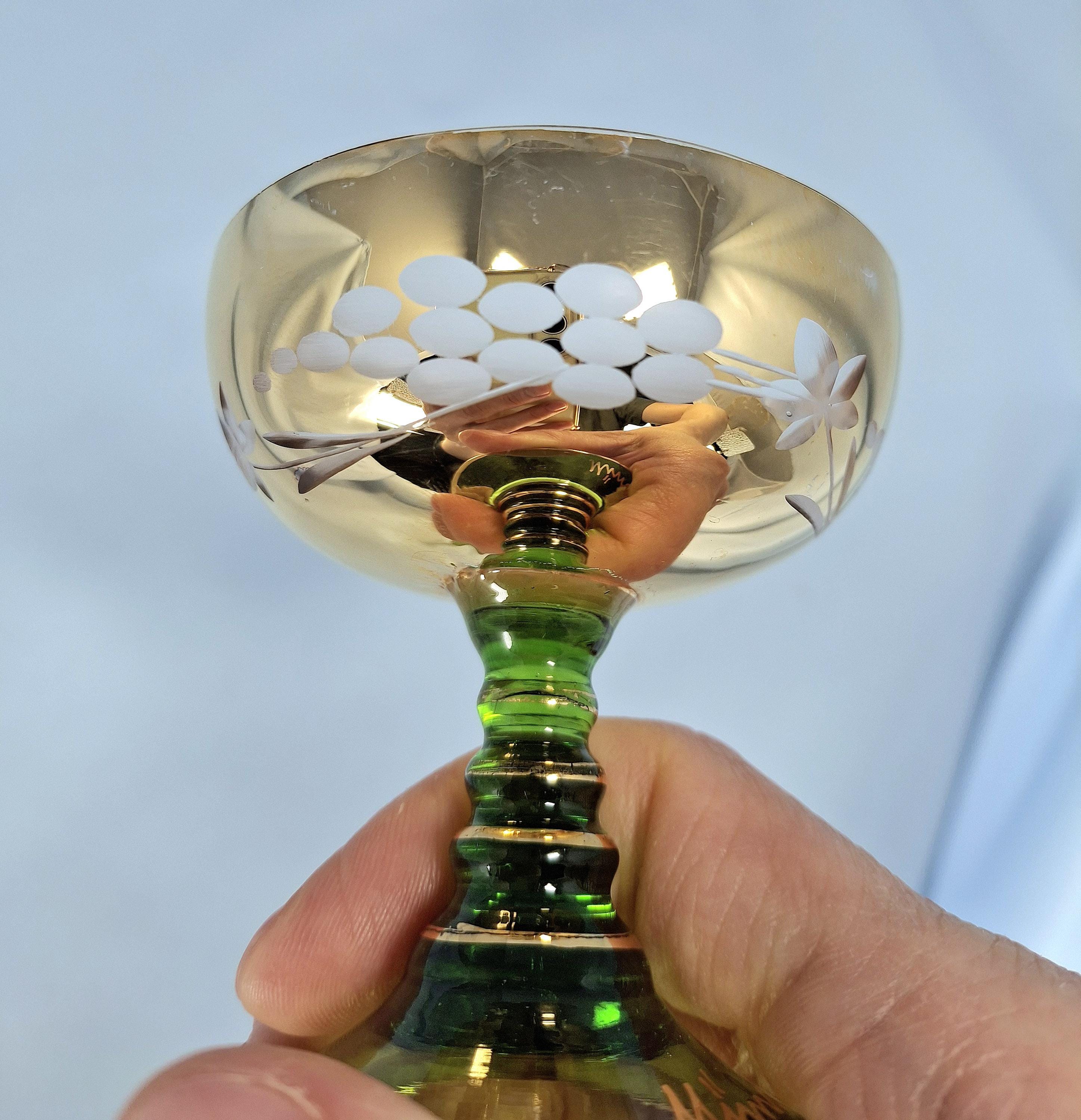 Vintage E & A Böckling Dessert Glasses Set of 2 Green Stem Gold Lustre Floral Coupe Cups — image 2