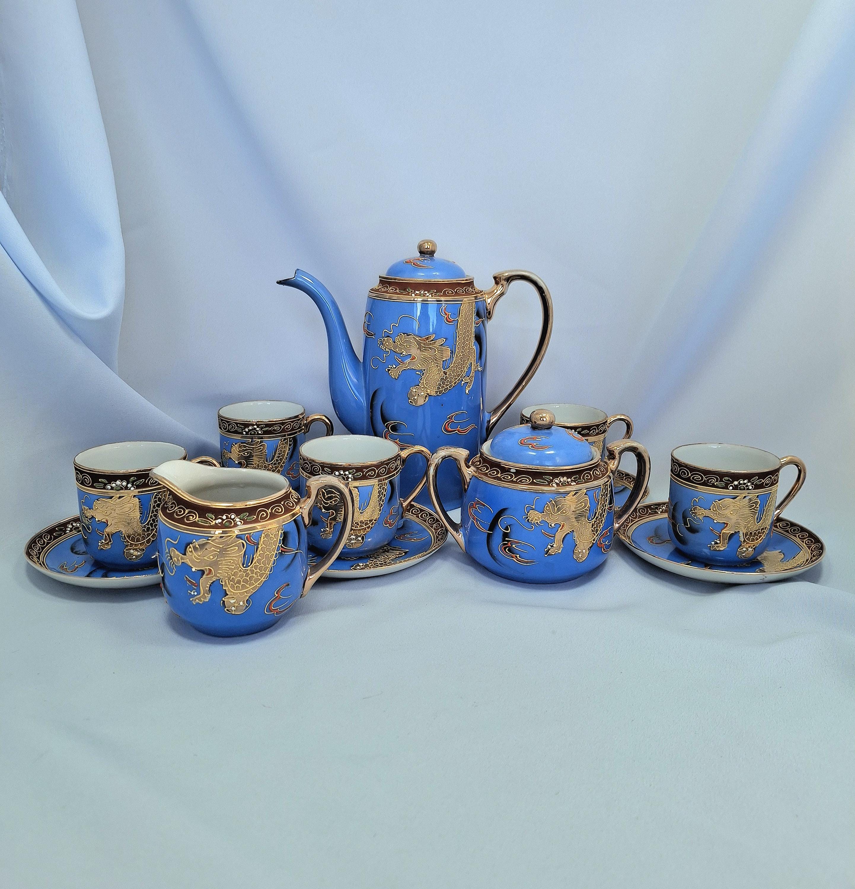 Antique Japanese Tea Coffee Set: Hand-painted Coloured Enamel