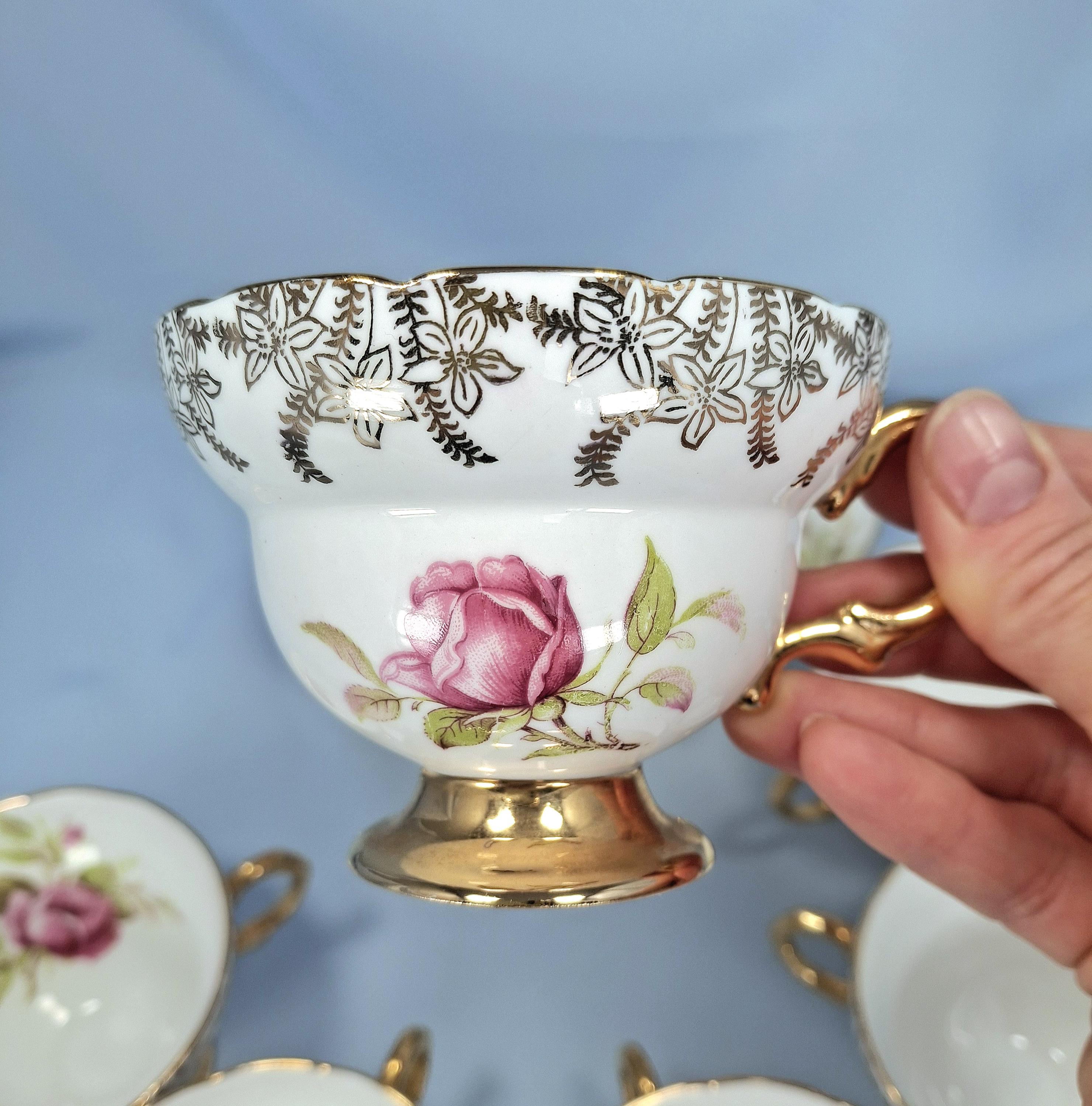 Vintage Rosina Bone China Tea Set, 7 Trios & Milk Jug, Pink Rose Gold Trim, England — image 5