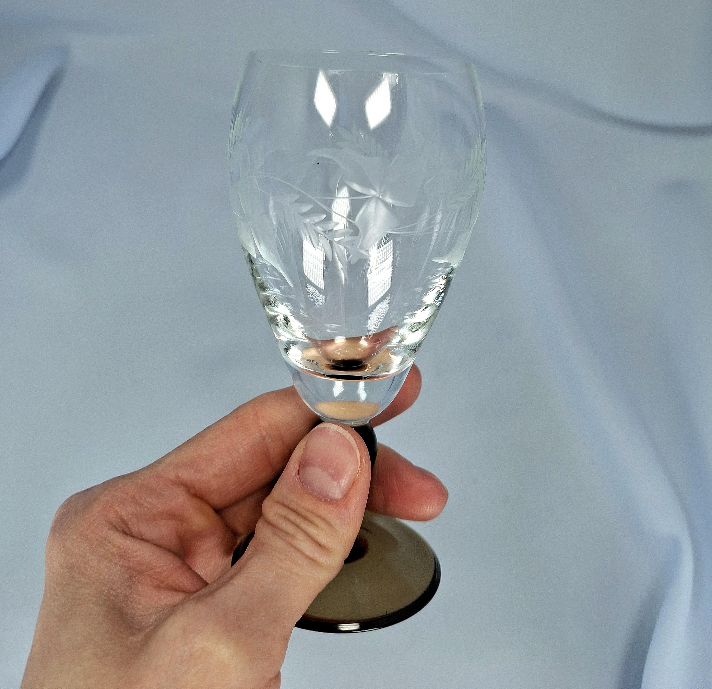 Vintage Etched Cordial Glass, Colored Stem Liqueur Glass, Roemer Style (Set of 3) — image 10