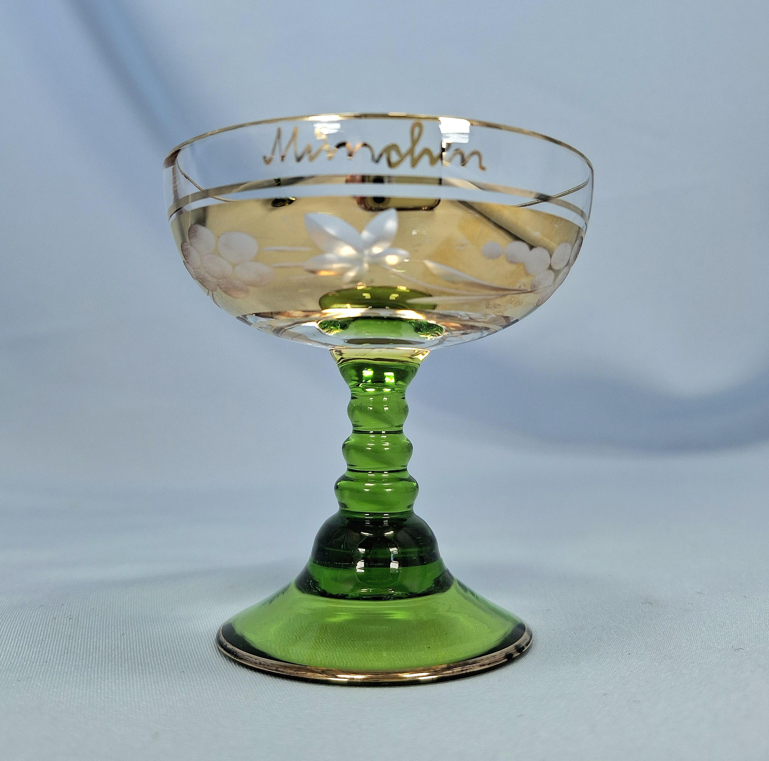 Vintage E & A Böckling Dessert Glasses Set of 2 Green Stem Gold Lustre Floral Coupe Cups — image 10