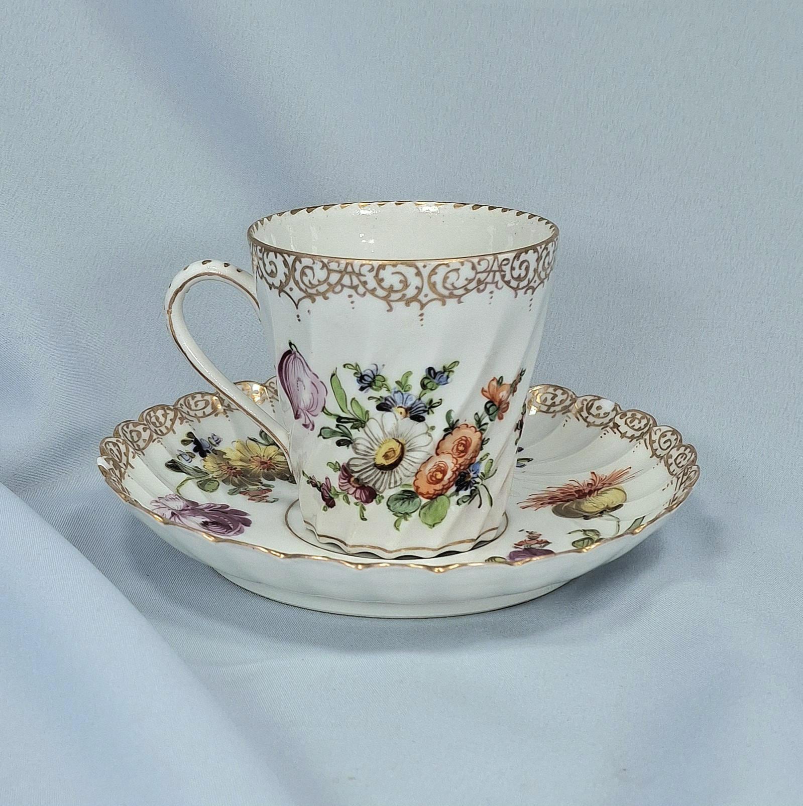 Antique Dresden Porcelain Cup and Saucer: Handpainted Floral Sprays — image 6