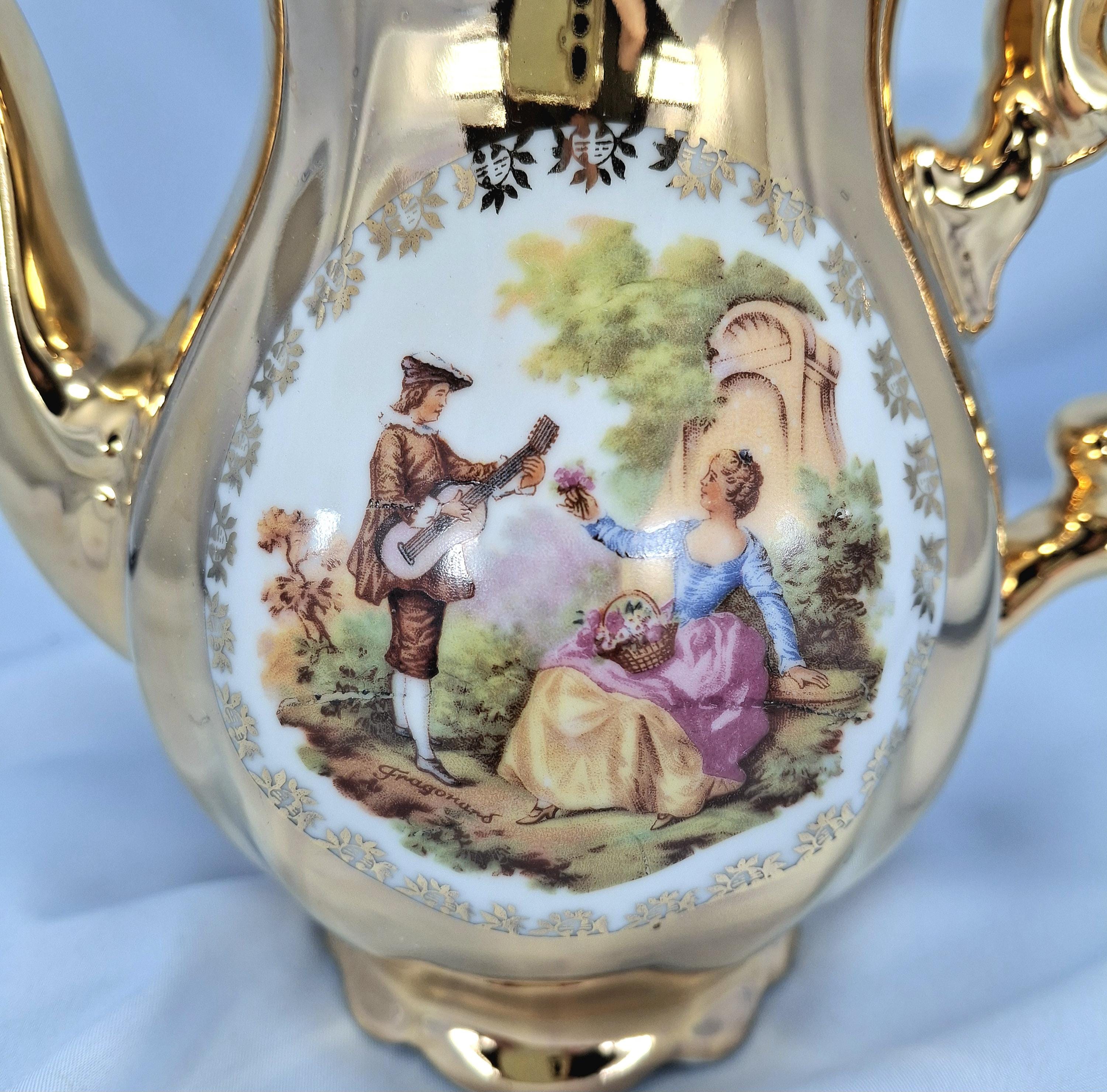 Seltmann Weiden Fragonard Gold Coffee Tea Set for 4, Vintage German Porcelain Demitasse Cups, Teapot, Sugar Bowl, Creamer — image 5