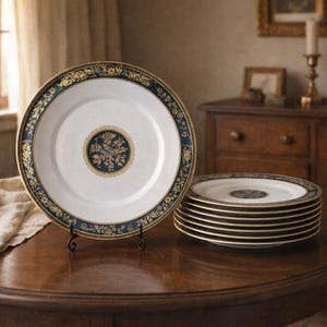 Op de afbeelding: Een set witte porseleinen dinerborden met een brede marineblauwe rand en ingewikkelde gouden bloemmotieven. Elk bord heeft een bijpassend marineblauw en goudkleurig rond medaillon in het midden. E&eacute;n bord staat rechtop op een metalen standaard.