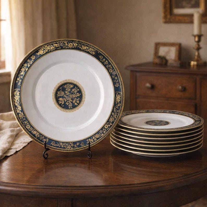 Op de afbeelding: Een set witte porseleinen dinerborden met een brede marineblauwe rand en ingewikkelde gouden bloemmotieven. Elk bord heeft een bijpassend marineblauw en goudkleurig rond medaillon in het midden. E&eacute;n bord staat rechtop op een metalen standaard.