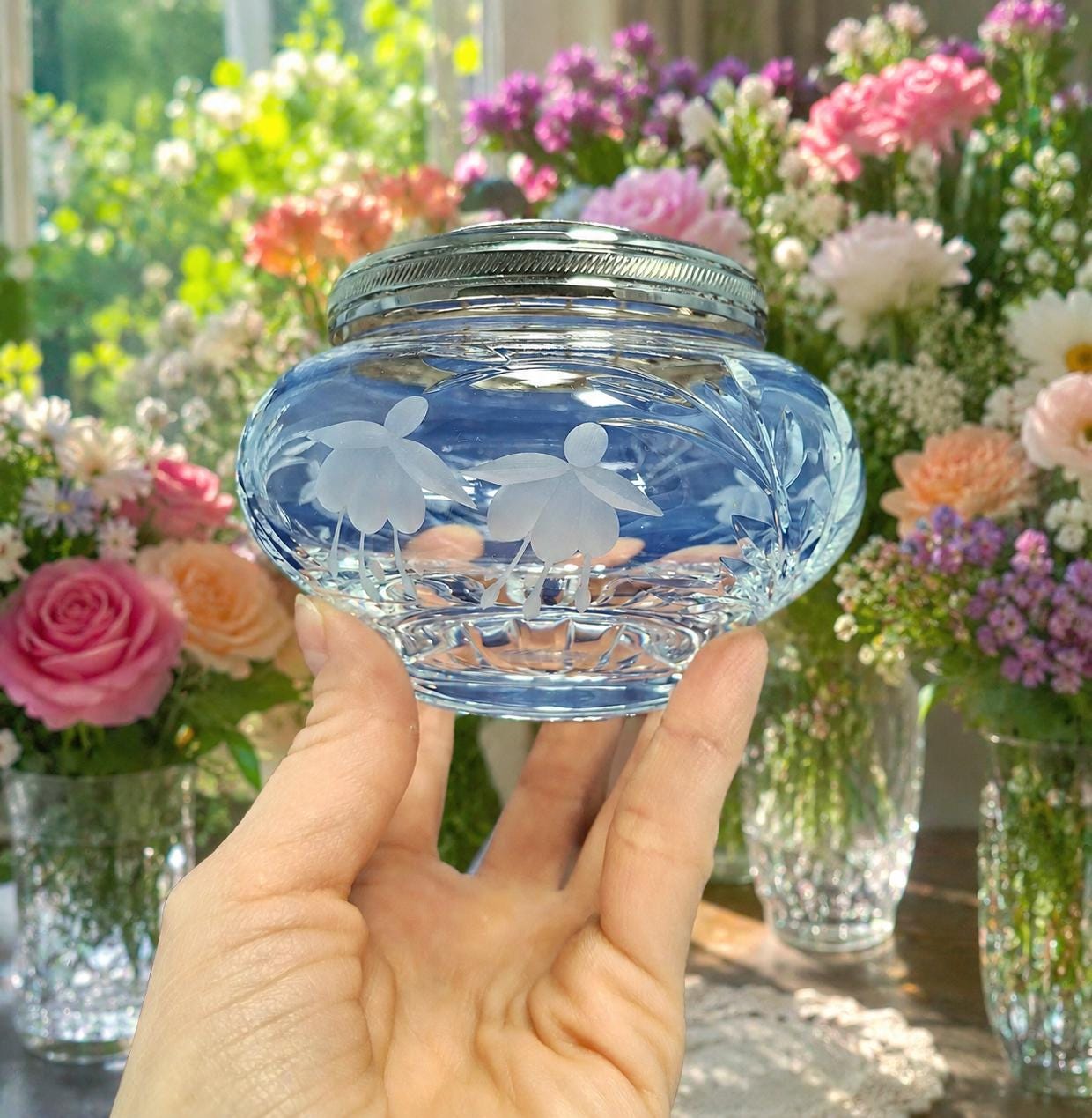 Vintage Cut Glass Rose Bowls, English Cottage Decor, Floral Centerpieces, Wedding Table Decor — image 2