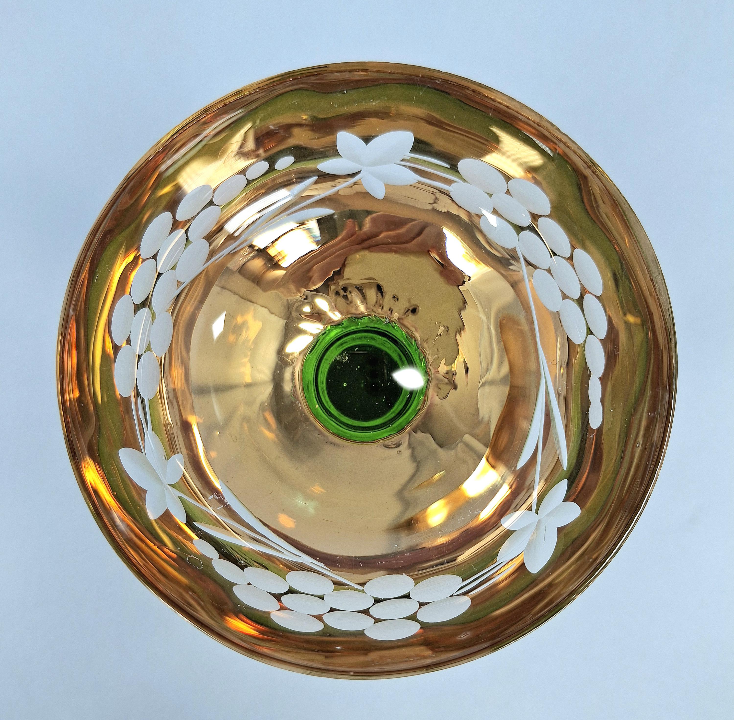 Vintage E & A Böckling Dessert Glasses Set of 2 Green Stem Gold Lustre Floral Coupe Cups — image 8