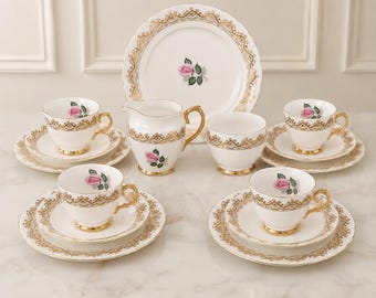 Vintage Taylor & Kent theeservies van roze porselein (bone china) – 15-delig, geschikt voor vier personen