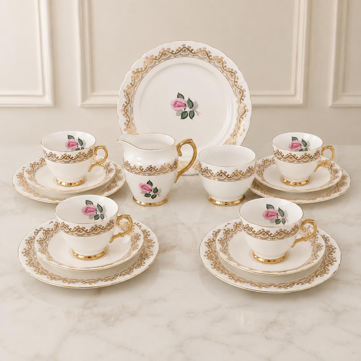 Taylor & Kent England Tea Set, Pink Rose Bone China, 15-Piece Cottagecore Floral